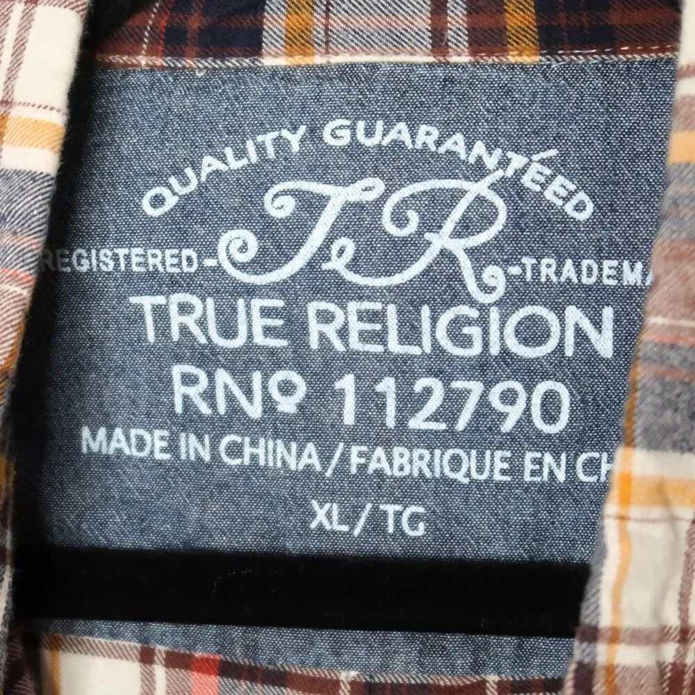 True Religion Mens Button Up Shirt XL Plaid Orange‎ Brown Cowboy Western
